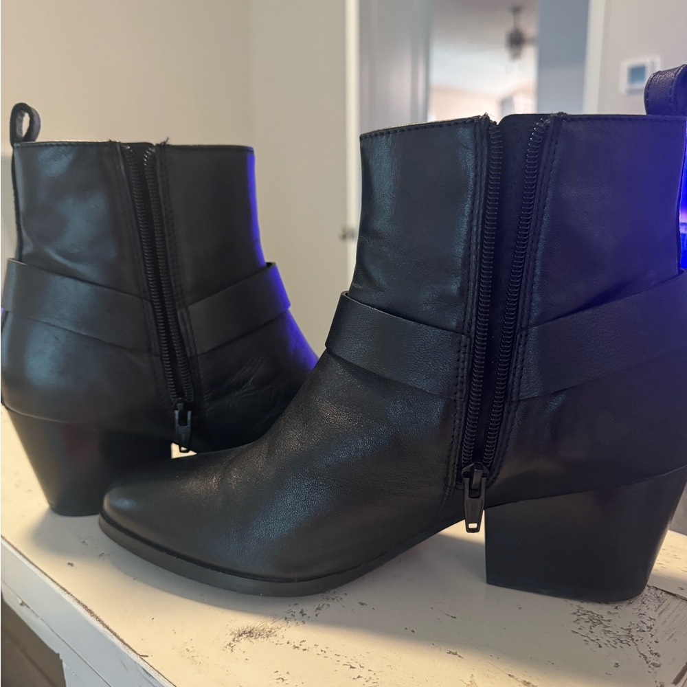Black Leather Ankle Booties with Chunky Heel